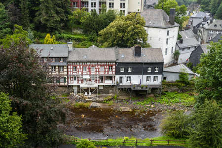 Monschau, Germany - august 16, 2021: the picturesque town of Monschau on a rainy dayのeditorial素材
