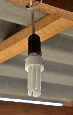Photo of fluorescent bulb hanging by wire on the wood.