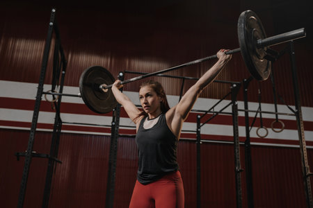 Young muscular woman doing weightlifting exercises at crossfit gym.