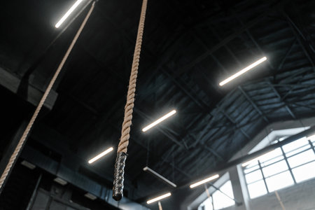 Ropes hanging from the ceiling in the gym. Copy space, place for text.の写真素材