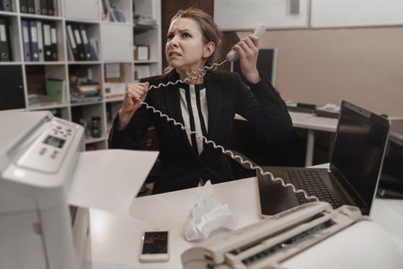 Office worker stressed. Overworked concept. Angry businesswoman.