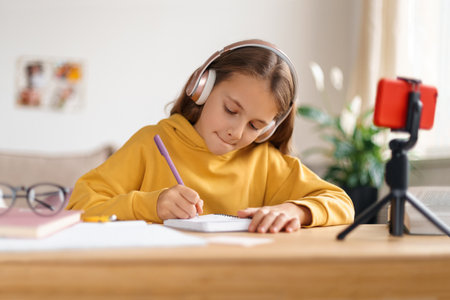 Concentrated child girl doing homework at her room, learning at home, using smartphone with tripod and headphones for remote education with online school teacher or personal tutor. Homeschoolingの写真素材