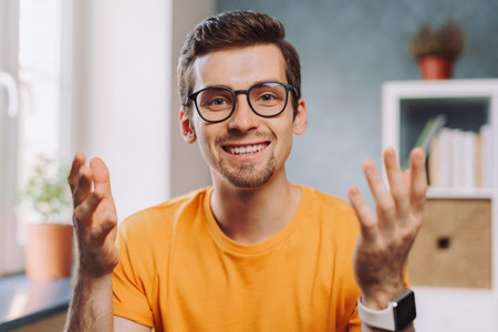 Pc screen view, head shot portrait online tutor teacher mentor holding online lesson, webinar, explaining exercise. Freelancer makes video call, looks at webcam, smiling, communicates with clientsの写真素材