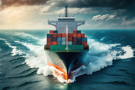 A maritime container ship, carrying cargo to international destinations. Shipping and freight transportation concept. Generative AIの素材