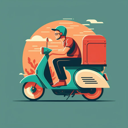 consumerism concept. Side view flat illustration of man on motorcycle delivering package driving on city streets, wearing helmet and glasses. food delivery service. Generative AIの素材
