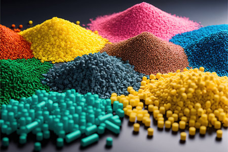 Nature-friendly biodegradable plastic granules in different colors on table. Recycling concept. Generative AIの素材