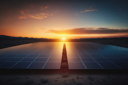 Landscape of hundreds of solar panels power plant on sun rise. Photovoltaic cells farm using renewable solar energy with sun. Concept of sustainable resources. Generative AIの素材