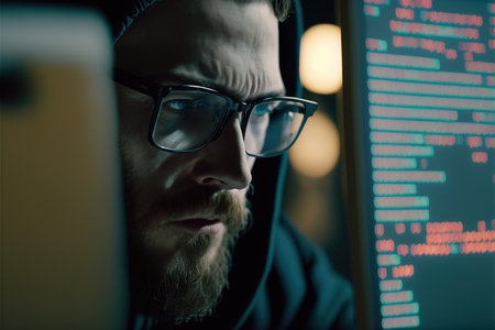 Concentrated programmer in spectacles looking at pc screen with programming code attentively, coding new software. Coder writing script, working late at night. Generative AIの素材