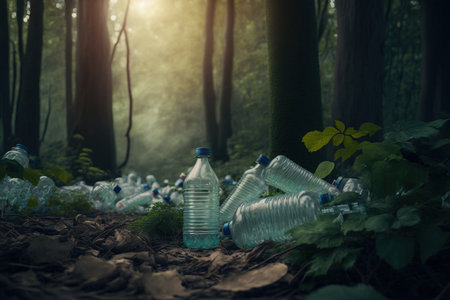 Piles of plastic trash left by tourists and hikers in forest harming ecology and wildlife. Environment protection and conservation concept. Generative AIの素材