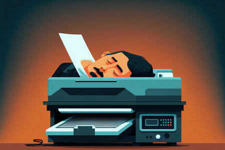 Illustration of an office worker exhausted from overtime sleeping on the work place, falling asleep with his head on the printer. Overwork concept. Generative AIの素材