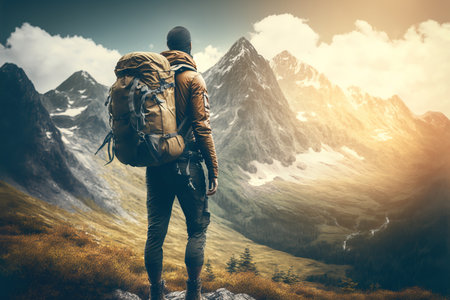 Man hiker with a big backpack stands in the beautiful valley, looking out at the vast mountains landscape. Adventure-seeker enjoy exploring the great outdoors. AI Generativeの素材