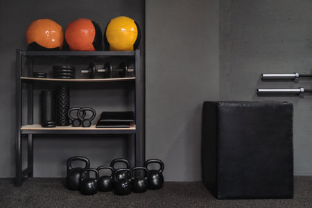 Professional equipment for crossfit, fitness, workout and weight training on floor in gym. Jumping box, set of kettlebells of different sizes, rolls, med balls, bars. Training, exercising spaceの写真素材