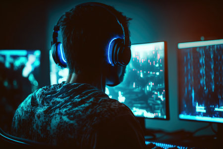 Guy sitting in front of multiple monitors and streaming his gaming skills online in his Esports studio with blue neon light. game industry's. Generative AIの素材