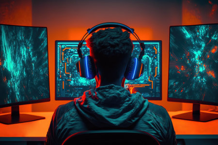 Back view of a gamer wearing headphones sitting in front of monitors in his neon-lit streaming room. Cybersport, esports concept. Generative AIの素材