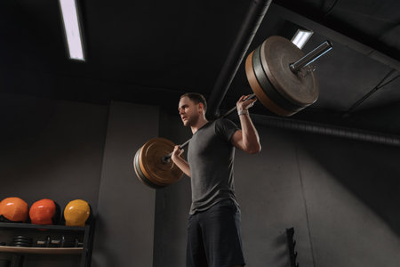 Fitness man doing weight training with barbell. Young muscular athlete having workout at dark gym....