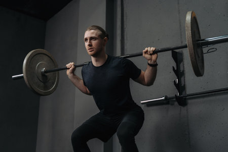 Strong crossfit athlete having workout and bodybuilding with barbells weight lift squat in fitness club. Muscular young fitness man lifting a weight in the gym. Functional training, weightliftingの写真素材