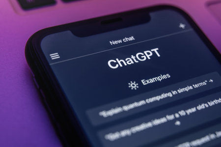 Antalya, Turkey - May 8, 2023: The ChatGPT chatbot on a mobile phone screen in neon light. ChatGPT language model utilizing Open AIs state-of-the-art technology, is accessible through any device.のeditorial素材