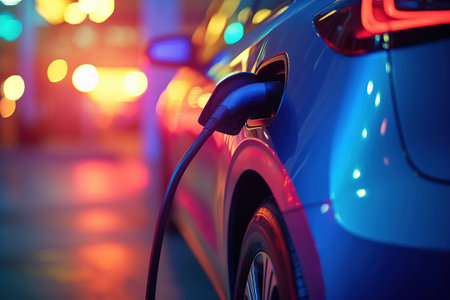 Close-up of electric vehicle plugged into a charging station. EVs car charges overnight in neon light. AI Generativeの素材