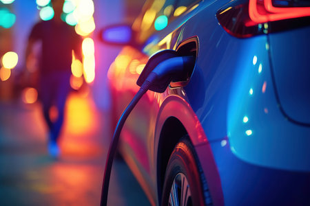 Electric car connected to a charging station for EV vehicles at night with a driver walking to the car in the background. AI Generativeの素材