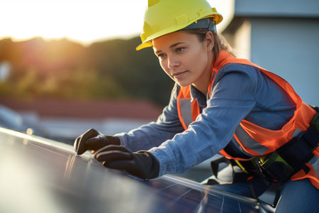 Female worker Installing a solar panels on a house roof. Woman engineer installing solar PV cells. Eco technology concept. Generative AIの素材