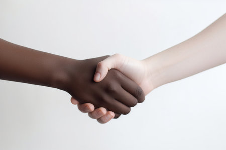Close-up of African-American and Caucasian person shaking hands against white wall. Black man and white man holding hands as a sign of unity between the races.の素材