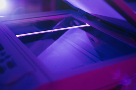 Copier scanner with a bright light inside. Office hazards concept: Photocopiers, laser, printersの写真素材