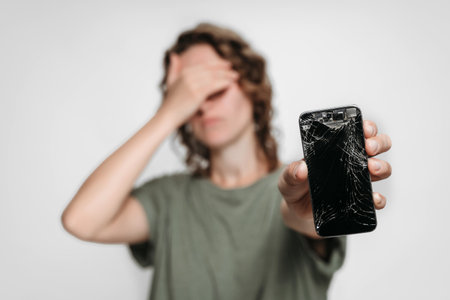 Upset young woman holding her broken smartphone. Phone screen need to repair. isolated on gray...