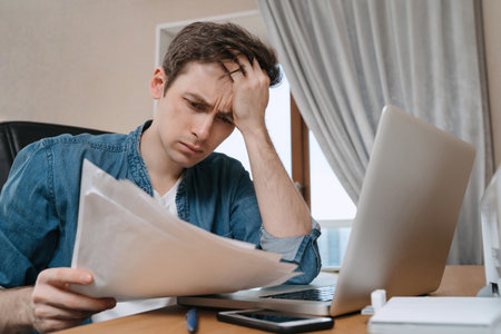 Unpappy young man sitting in home office and looking thoughtful on papers, thinking of home budget, using laptop for paying bills online, lost job due to crisis or quarantine. Money problem, bad newsの写真素材
