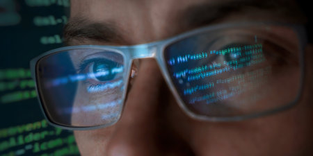A close-up of a focused programmers face wearing eyeglasses which reflect lines of glowing green and...