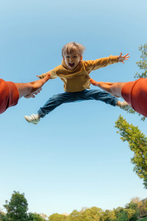 POV view, father tosses high and catches his excited joyful son. Energetic young boy with arms outstretched flying midair against a blue sky, thrown by parent during playful outdoor moment.の写真素材