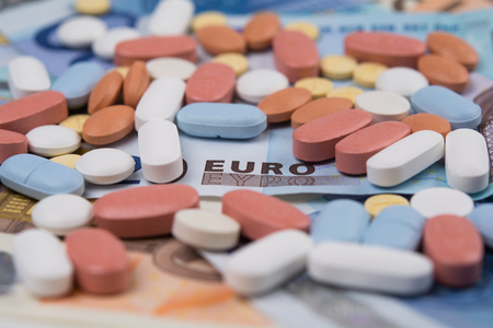 Medicines costs euros, in drug expense conceptの写真素材