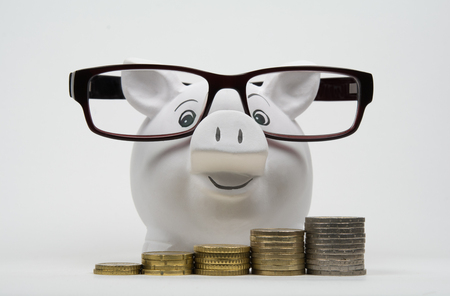Coins lined up from short to tall stacks front of a piggy bank with glassesの写真素材