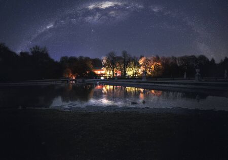 Long exposure shot of Nymphenburg park in Munich with the milky way, Germanyの写真素材