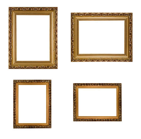 Collage of carved vertical and horizontal golden wooden frames, isolated over white