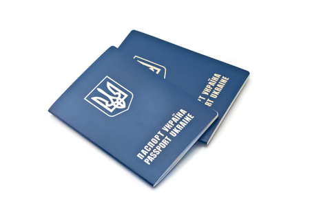 Two International Ukrainian passports over whiteの写真素材