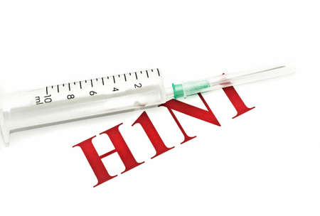 Swine FLU H1N1 - syringe and red alert over whiteの写真素材