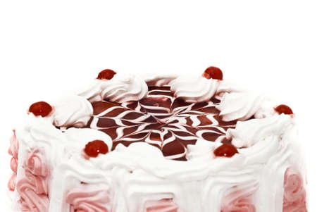 Beautiful dessert - iced cake with cherries and beautiful red patternの写真素材