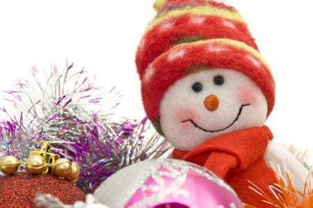 Cute Xmas snowman and decoration baubles over whiteの写真素材