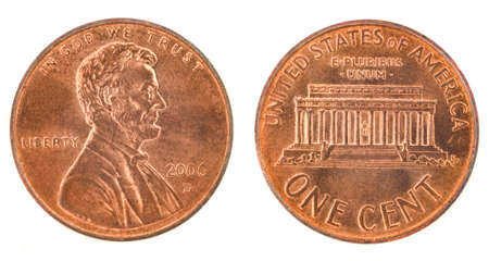 United States money. One cent coin (2006). Obverse and reverse isolated over white