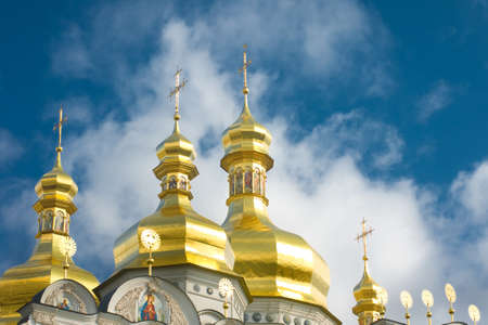 Kiev-Pecherskaya Laura. Cupola of Orthodox church and blue sky with cloudsの写真素材