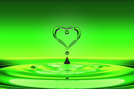 Heart shaped green water drops and splashing with waves. FAQ concept. Extralarge resolutionの写真素材