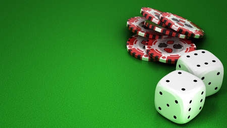 Casino or roulette chips and dies over green textured background. Extralarge res. Other leisure stuff is in my portfolioの写真素材