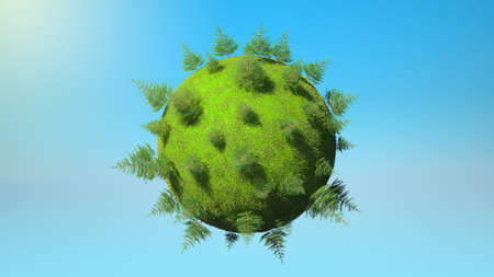 Environment concept - Earth planet with firtrees and blue sky. Large resolutionの写真素材