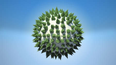 Abstract snowy Earth planet with firtrees and blue sky. Large resolutionの写真素材