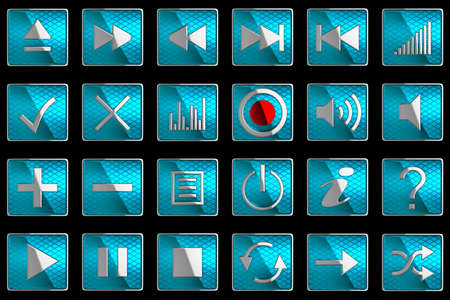 Square blue Control panel icons or buttons isolated on blackの写真素材