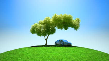 Modern vehicle under tree on green fileld and blue skyの写真素材