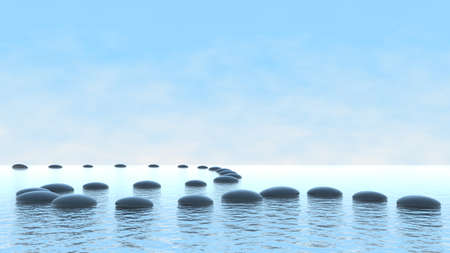 Harmony concept. Pebble path on the water over blue skyの写真素材