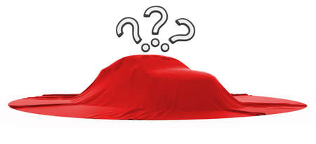 New car reveal with 3 query marks over white backgroundの写真素材