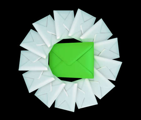 One large and many small white envelopes over black backgroundの写真素材