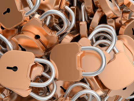 Close-up of locked brass padlocks. Large resolutionの写真素材